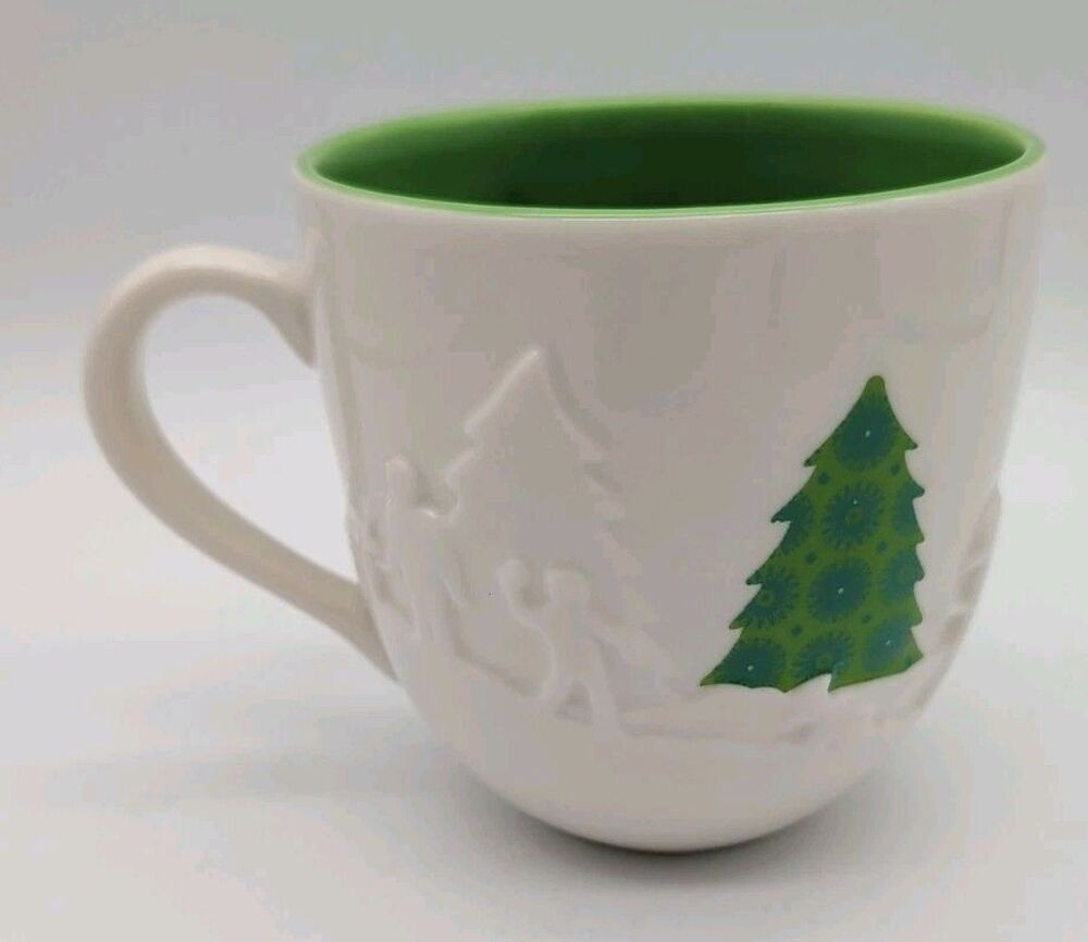 Starbucks Coffee Christmas Tree 16oz Mug Green White Sled Embossed Holiday 2006